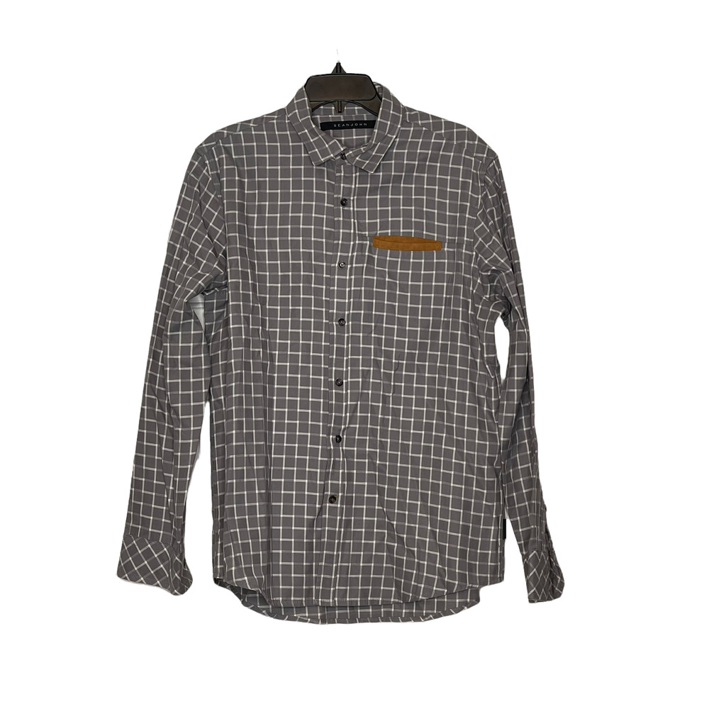 Sean John Mens Shirt Size Large Gray White Check Button Front Cotton Blend